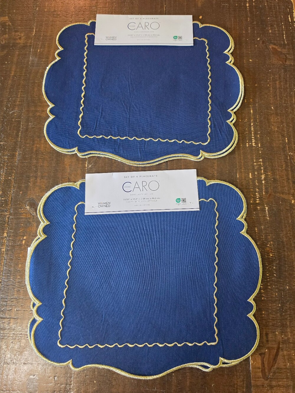 Caro Scalloped Edge Blue Placemats with Gold Trim - Set of 2- 8 Total